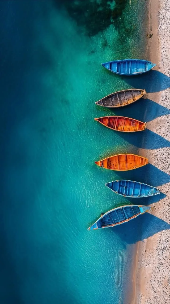 Six colorful boats are anchored in calm turquoise water near a sandy beach.