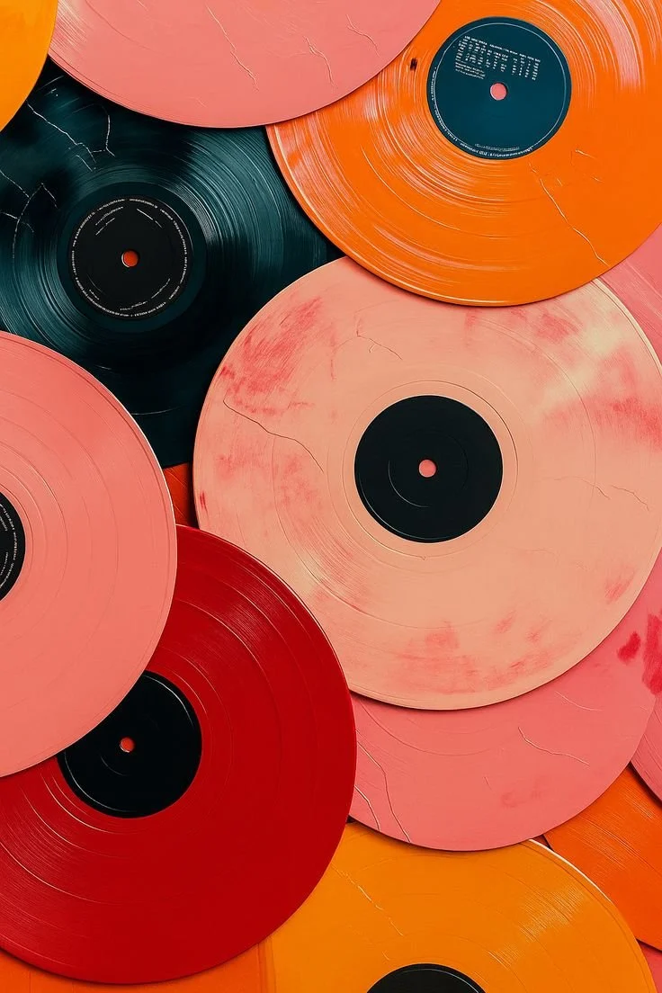 A collection of colorful vinyl records in shades of pink, orange, and black stacked and overlapping.