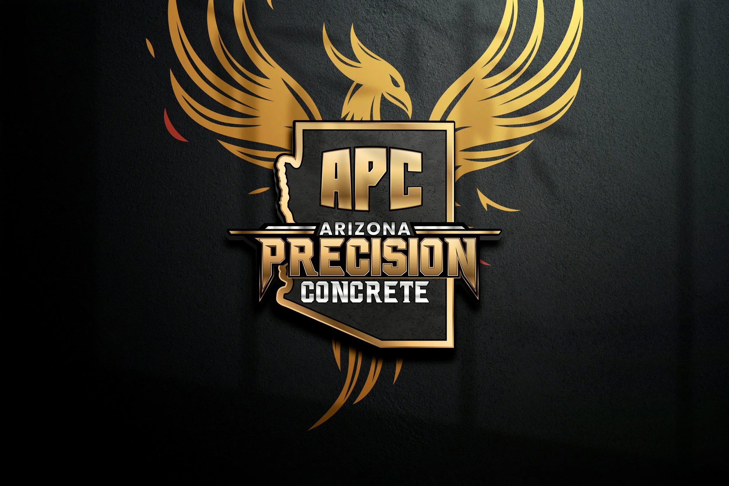 Logo for Arizona Precision Concrete featuring a gold and black color scheme, with an eagle behind the text, and the words 'APC' in the center, with 'Arizona' above and 'Precision Concrete' below.