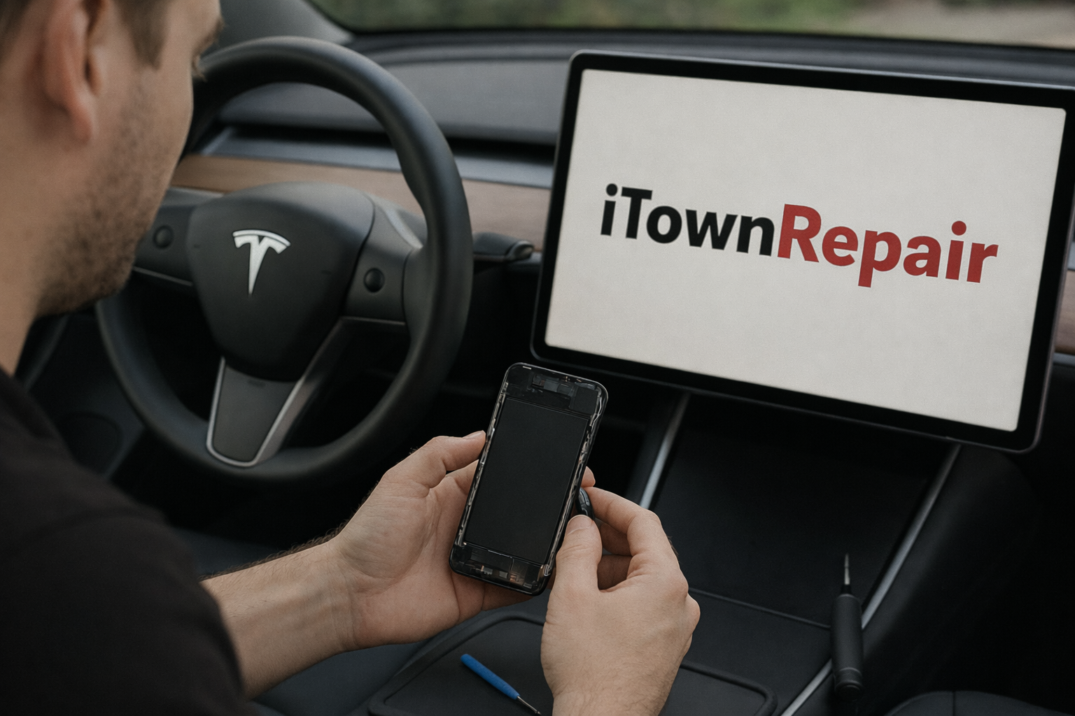 A person in a Tesla vehicle holding a smartphone, with a screen displaying the 'iTownRepair' logo on the dashboard.
