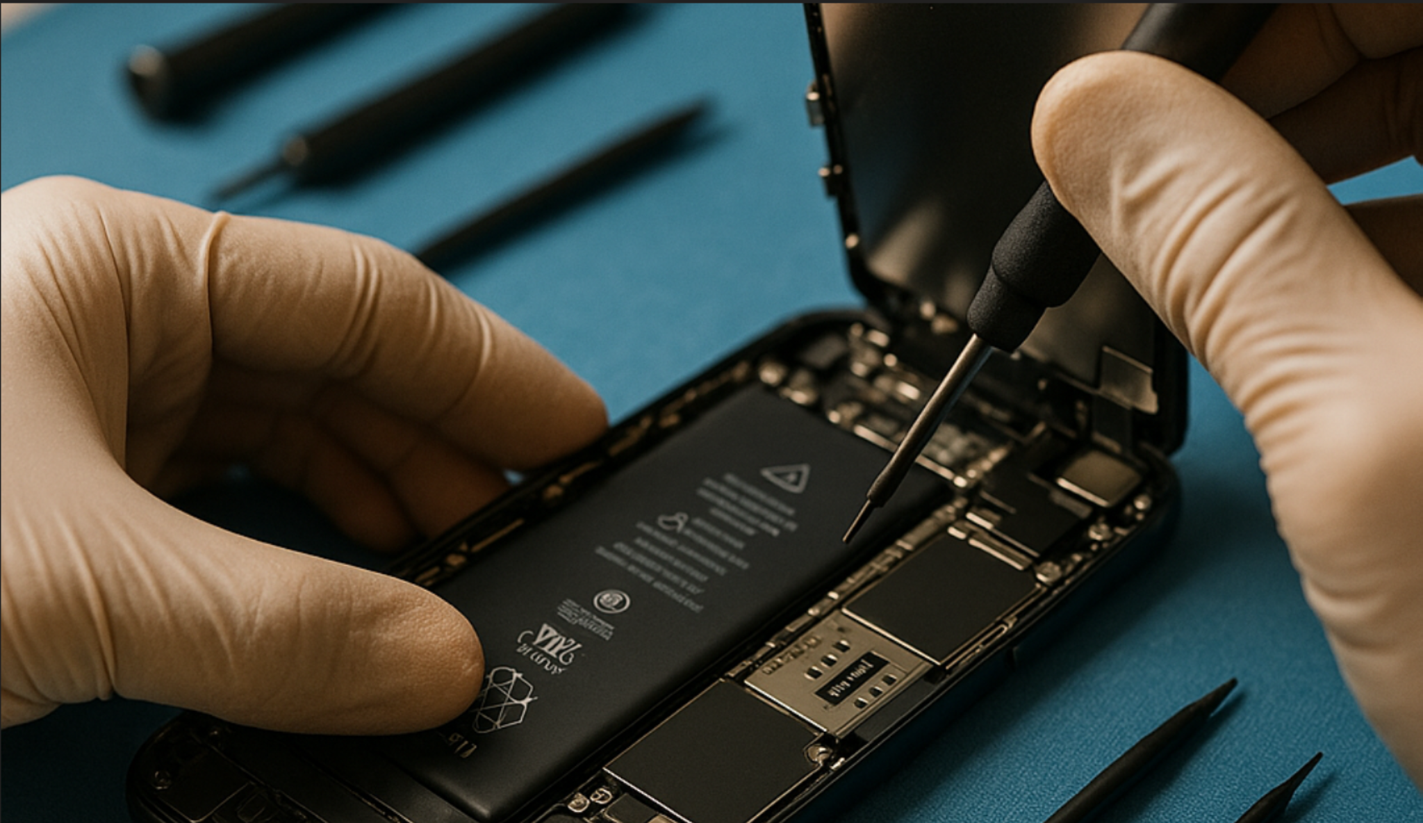 Mobile iPhone battery repair Miami & Broward technician fixing smartphone with tools.