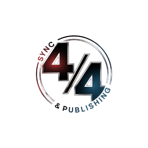 Logo for 4/4 Publishing, featuring a large black and blue '4/4' with a circular design around it and the words 'SYNCE' and '& PUBLISHING'.