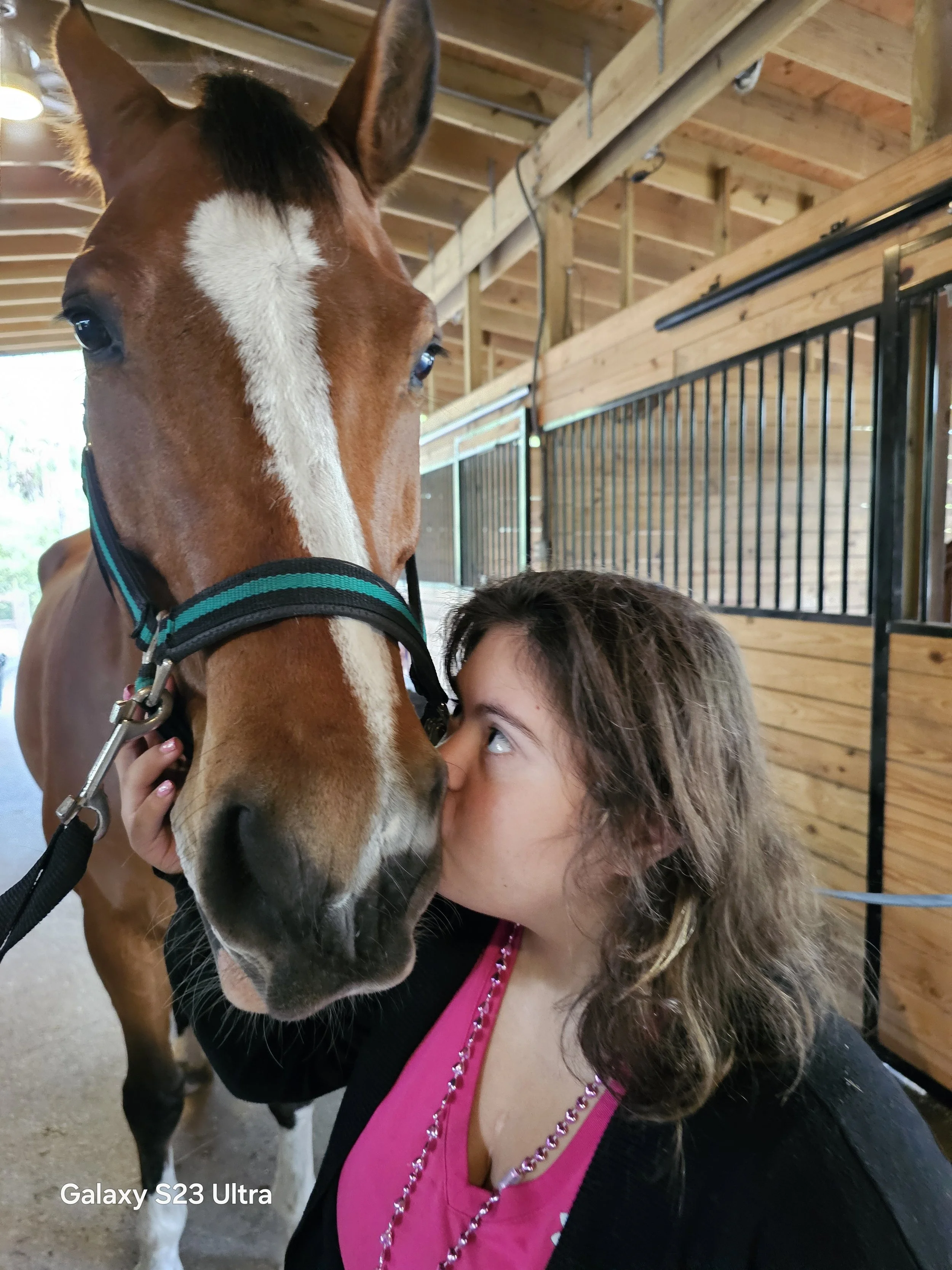 A young girl with curly brown hair kisses a large brown horse with a white blaze on its face inside a wooden horse barn.