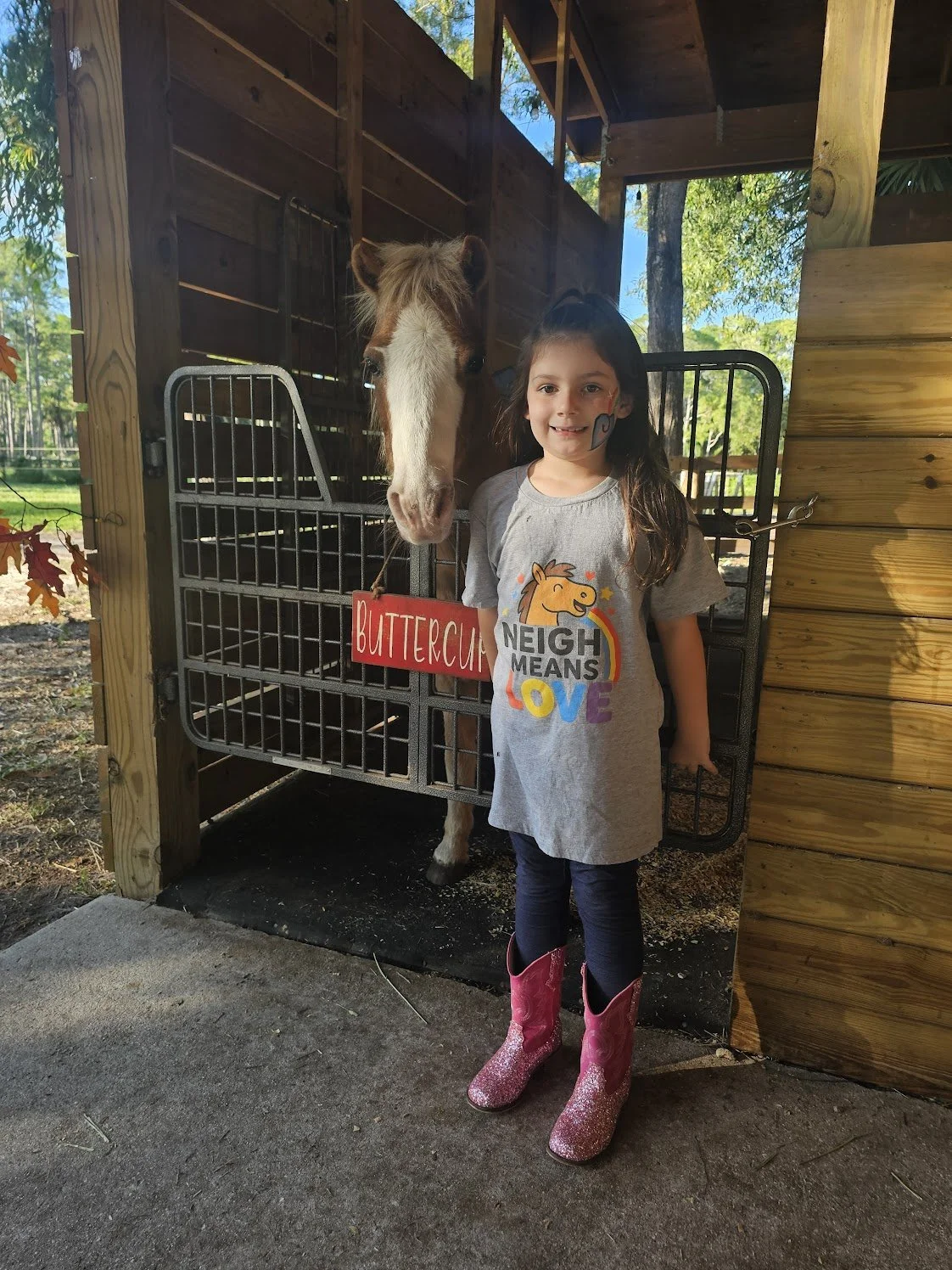 A little girl with face paint standing beside a horse inside a wooden barn, wearing a gray t-shirt with colorful text and pink glittery cowboy boots.
