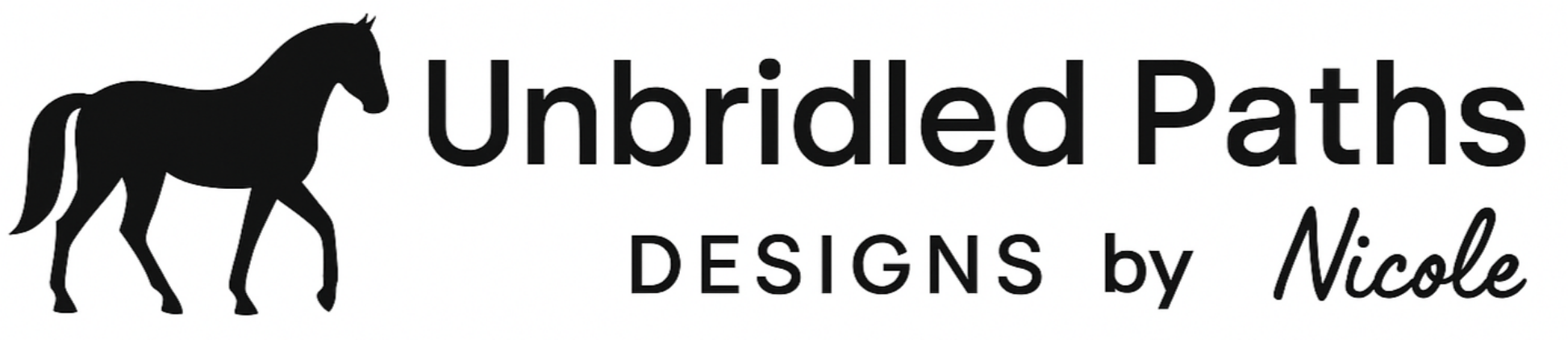 Logo for Unbridled Paths Designs by Nicole, featuring a black silhouette of a horse on the left and text on the right.