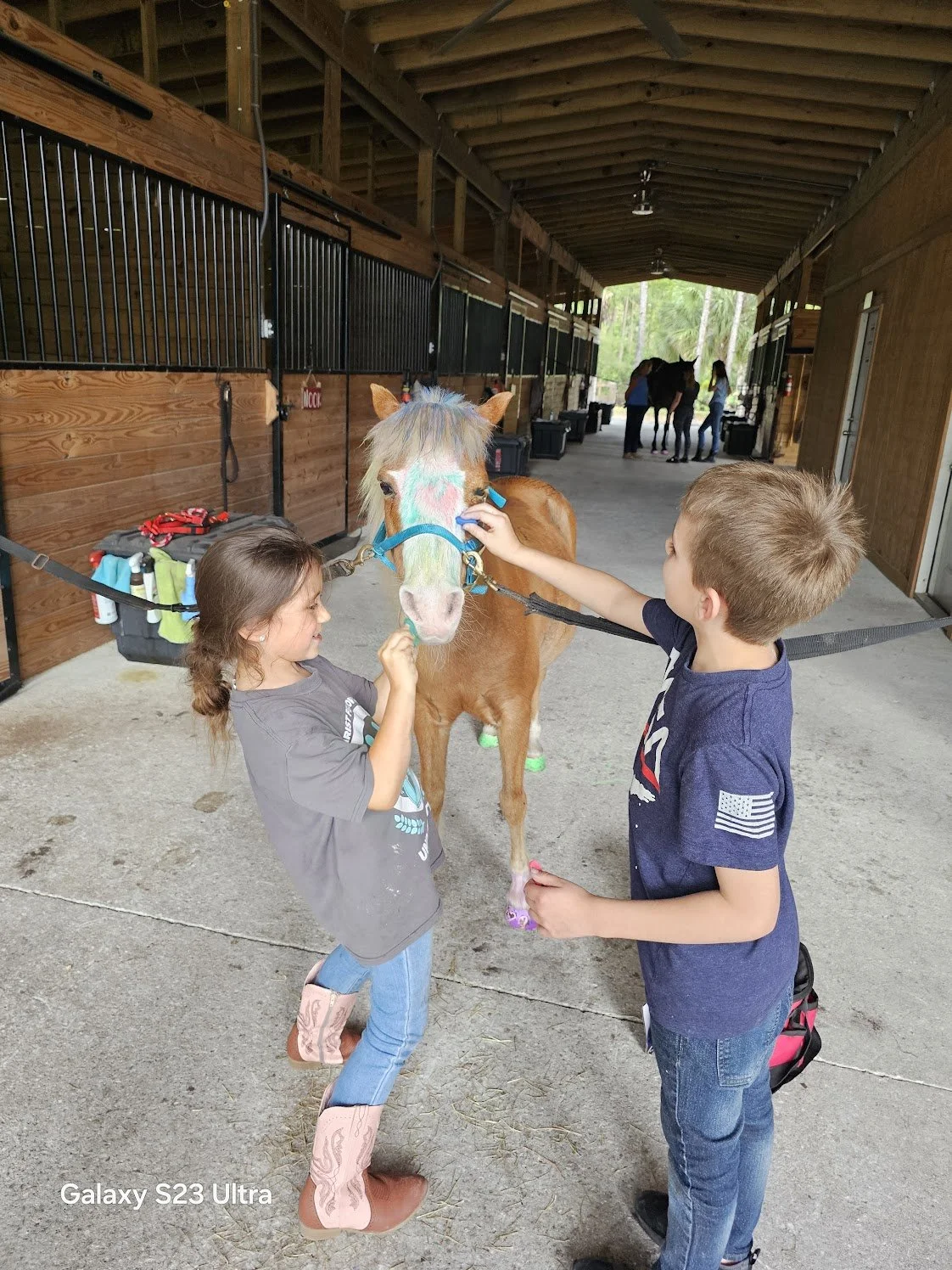 Two children, a girl and a boy, are smiling and petting a small brown horse with a blue halter inside a barn. The girl is wearing a gray shirt, blue jeans, and pink cowboy boots. The boy is wearing a navy blue shirt with a patch of the American flag 