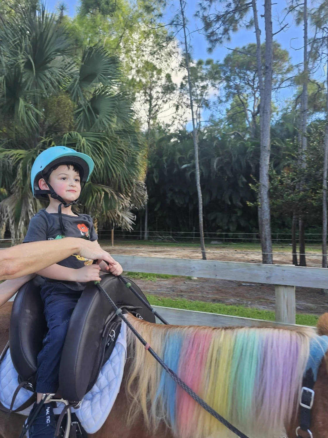 A young boy wearing a blue helmet sits in a harness on a horse with a rainbow-colored mane, escorted along a path with trees and wooden fencing in the background.