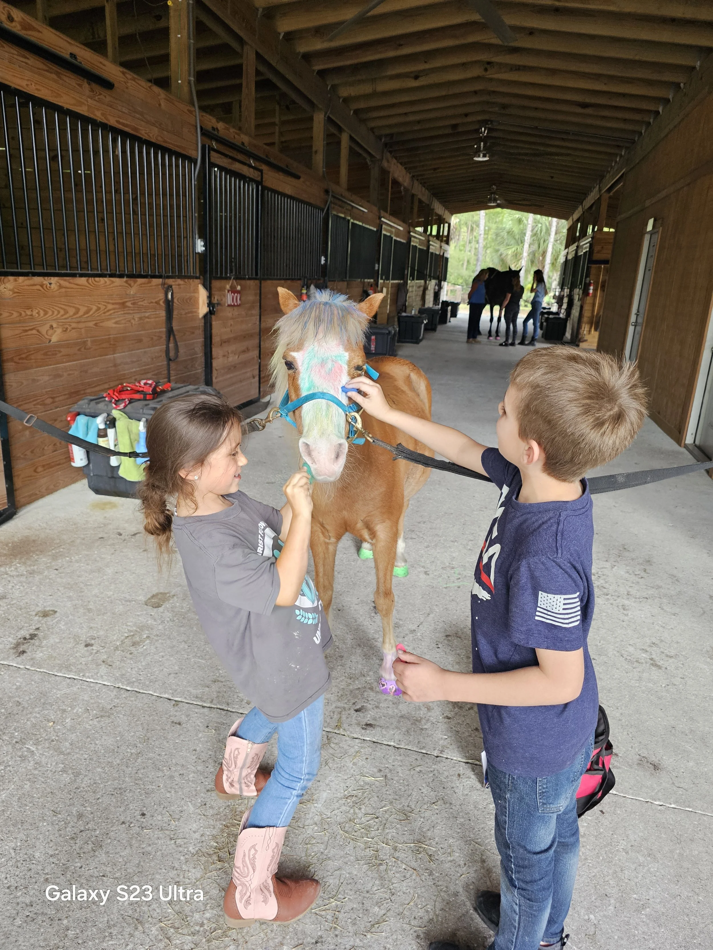 Two children, a girl and a boy, pet and brush a small brown horse inside a stable aisle. The girl is wearing pink cowboy boots and gray shirt, the boy is in a navy shirt with an American flag patch. There are several people and another horse in the b