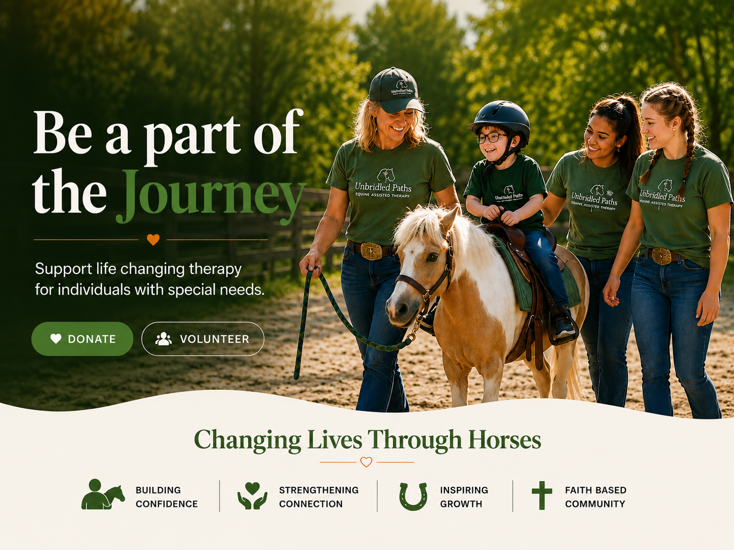 A group of four women and a young girl, all wearing green T-shirts with a horse logo, are walking and smiling outdoors. One woman is guiding a small horse or pony with a young girl riding it, all enjoying a sunny day in a park or farm setting with tr