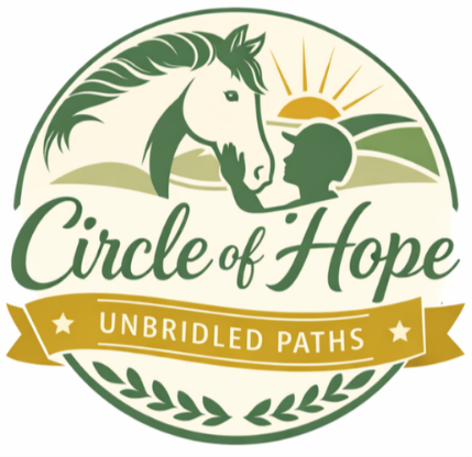 Logo with a horse and a child facing each other, a rising sun in the background, and the text 'Circle of Hope' and 'Unbridled Paths'.