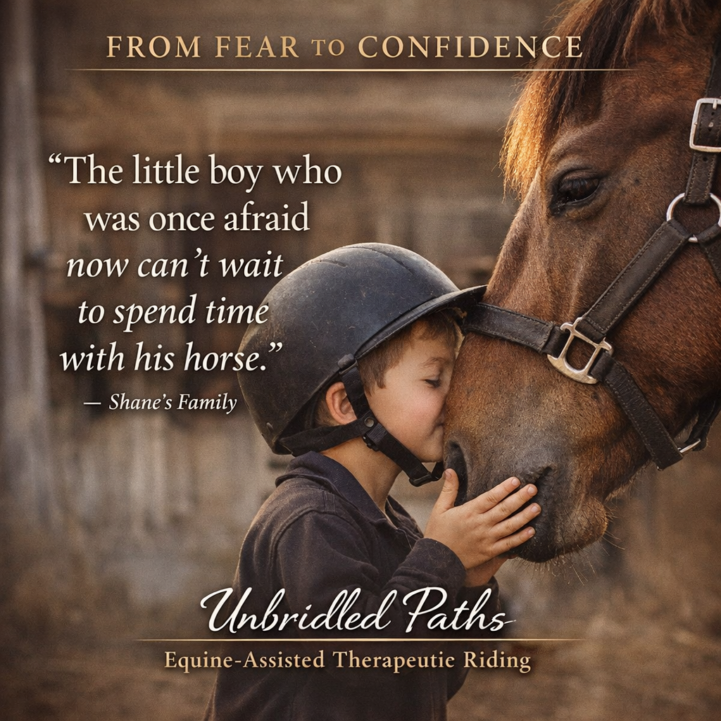 A young boy wearing a helmet gently touching and leaning his face on a horse's face in a barn or stable setting.