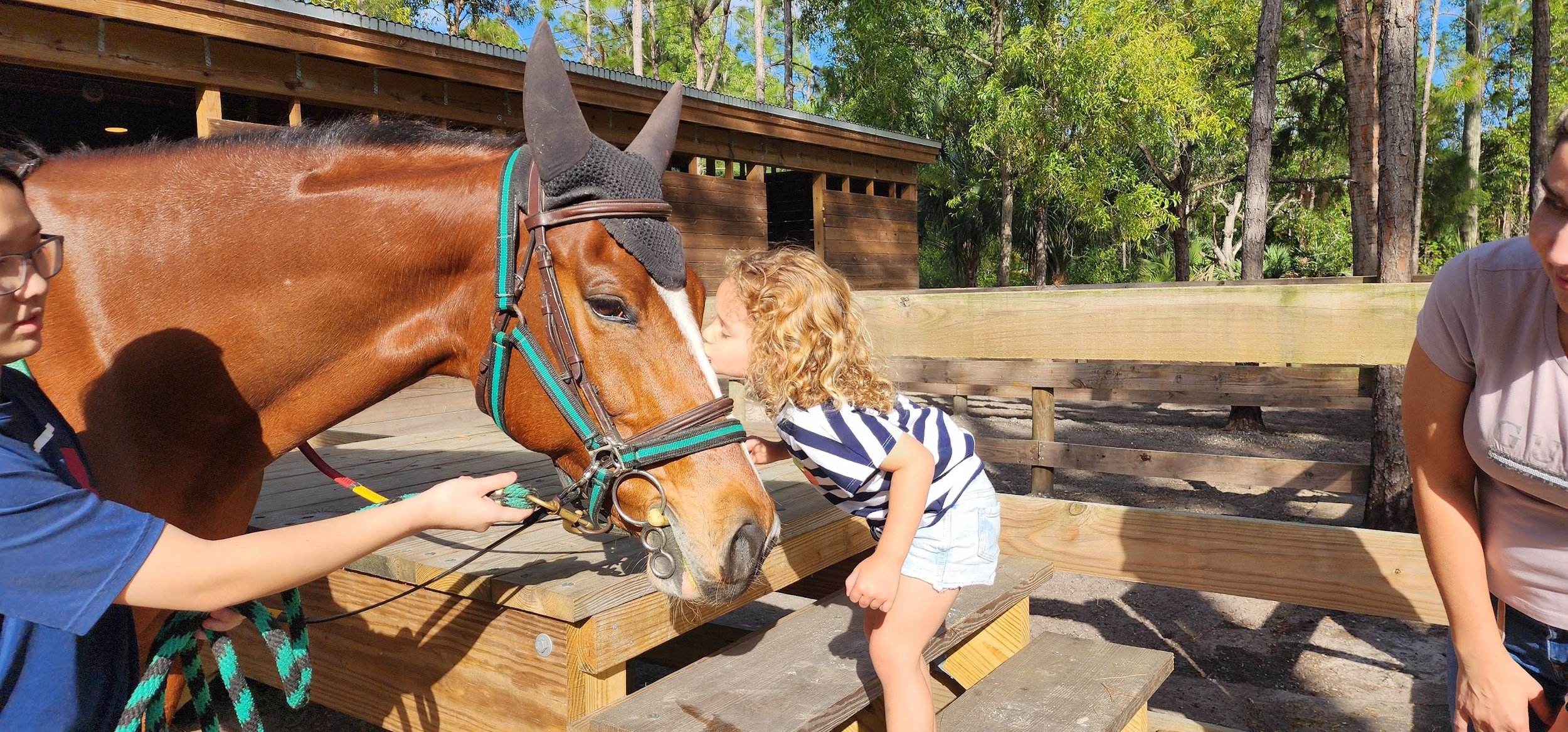 Young girl with curly blonde hair exchanging a gentle kiss on the nose with a brown horse wearing a black ear bonnet, while an adult woman and another young person stand nearby in a fenced outdoor area with trees.