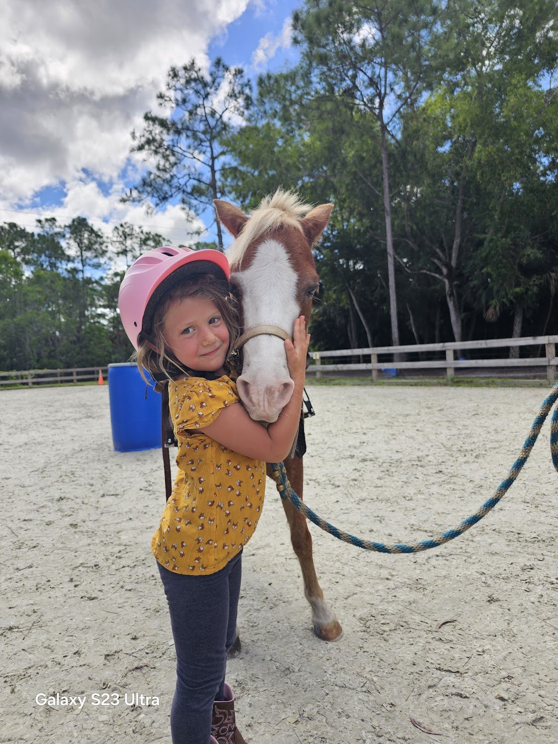 Young girl wearing a pink bike helmet hugging a brown and white horse at an outdoor riding area with trees and a blue sky in the background.