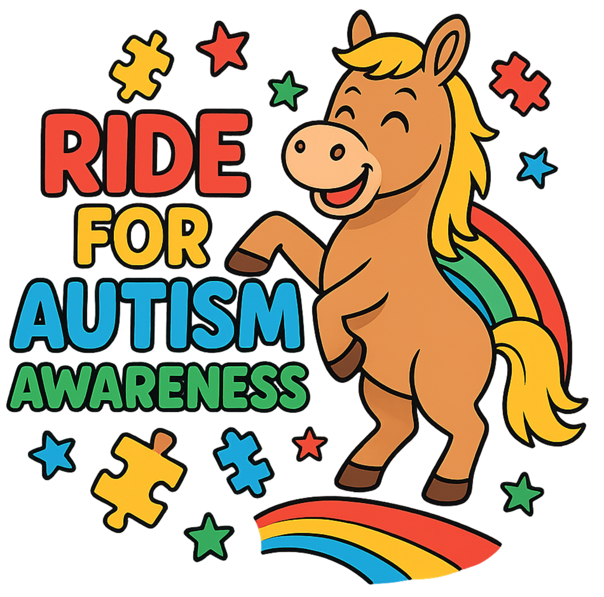 A colorful graphic with a cartoon horse standing on a rainbow, surrounded by puzzle pieces and stars. The text reads 'RIDE FOR AUTISM AWARENESS' in bold, vibrant letters.