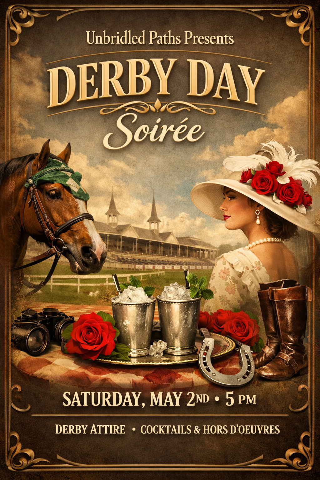 Invitation poster for Derby Day Soirée featuring a woman in a floral dress with a wide-brimmed hat decorated with roses and feathers, a racehorse wearing a green mask, and event details including date, time, dress code, and drinks.