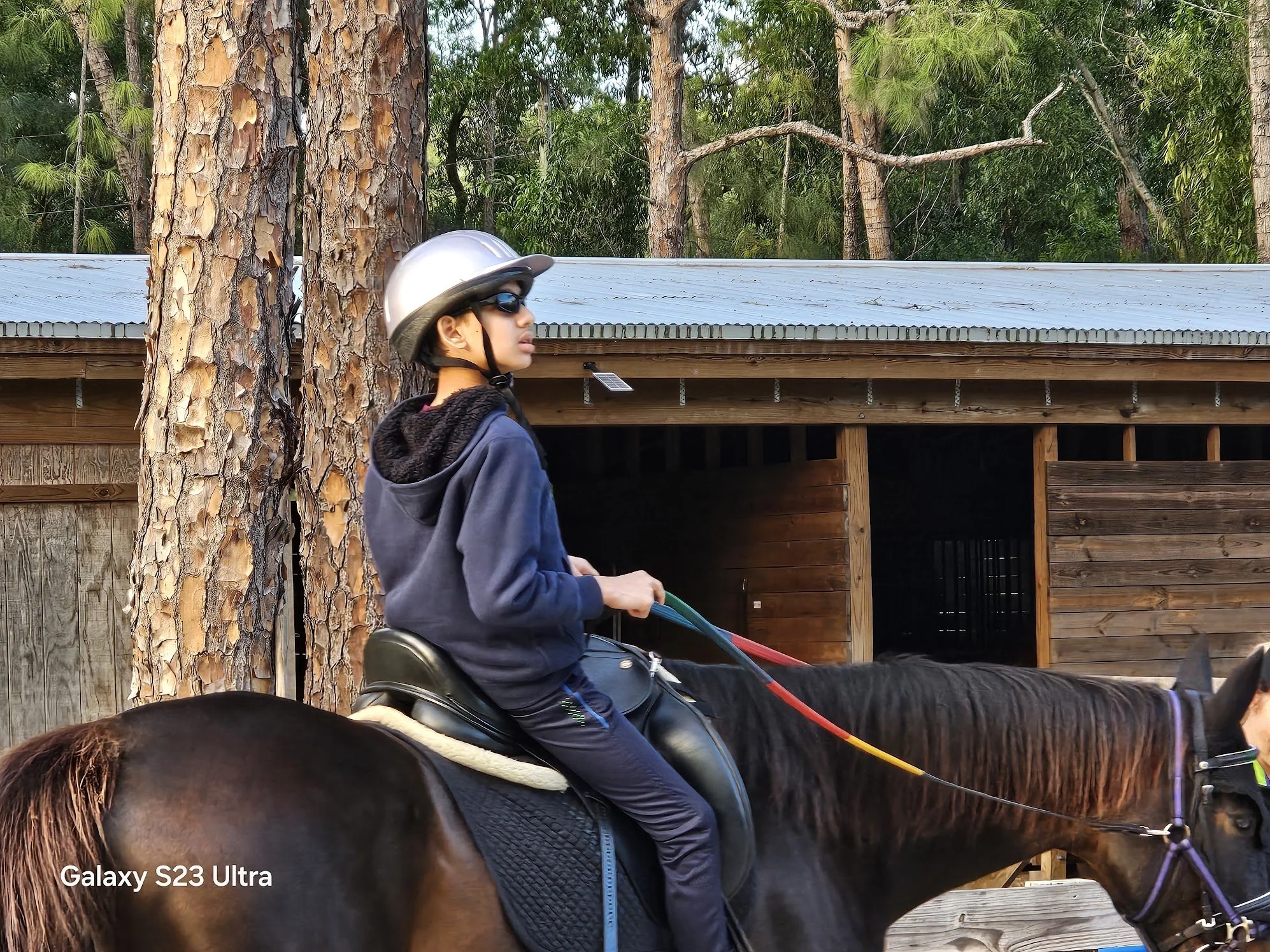 A young person wearing a helmet and sunglasses riding a horse outdoors with trees and a wooden building in the background.