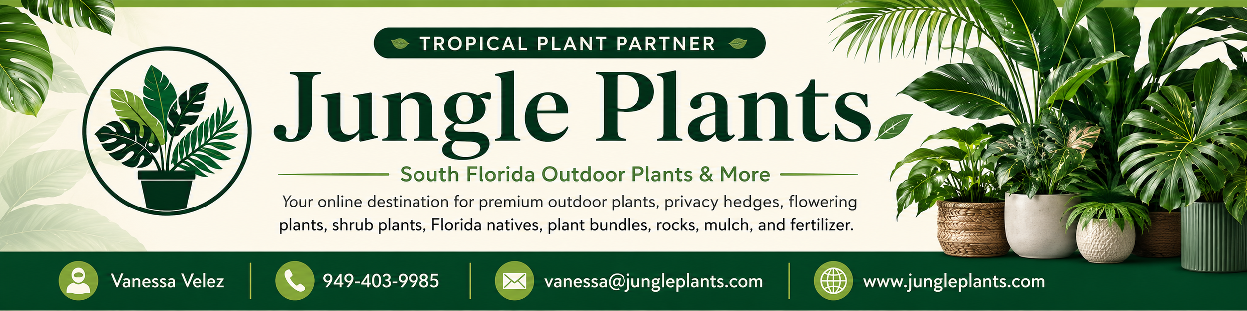 Online advertisement for Jungle Plants, South Florida outdoor plants and more, featuring potted tropical plants and contact information.