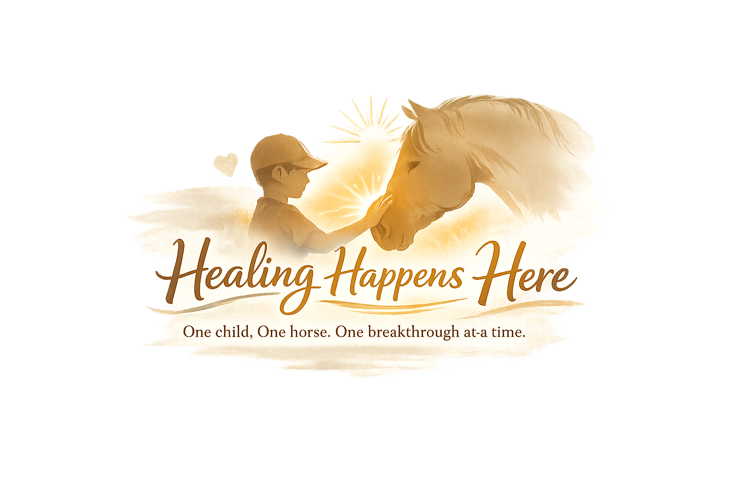 A young boy touching the nose of a white horse with a sunset in the background. The text reads 'Healing Happens Here' and 'One child, One horse. One breakthrough at-a time.'