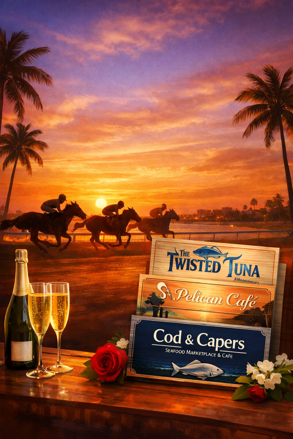 Sunset at a racetrack with horses and jockeys, palm trees, and a city skyline in the background. In the foreground, a restaurant table has a bottle of champagne, two glasses, and menu signs for The Twisted Tuna, Pelican Café, and Cod & Capers, with r