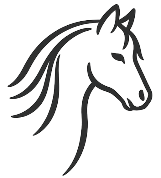 Black outline of a horse's head with flowing mane.