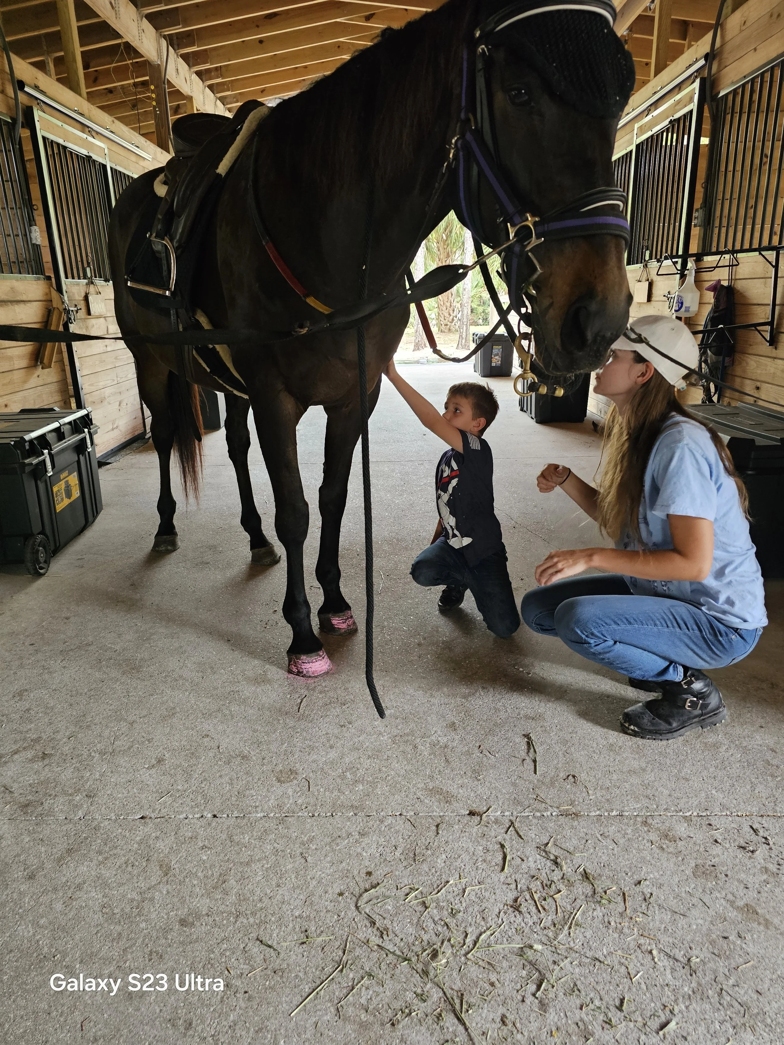 A young boy and a woman are inside a wooden stable with a horse. The boy is kneeling and reaching up to touch the horse's face, while the woman is crouching nearby, observing. The horse is equipped for riding with a saddle and harness, and the stable