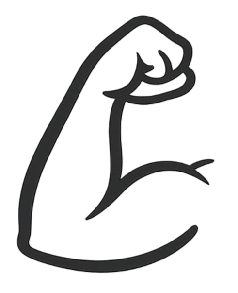 Line drawing of a muscular arm flexing with a stylized face and hair outline.