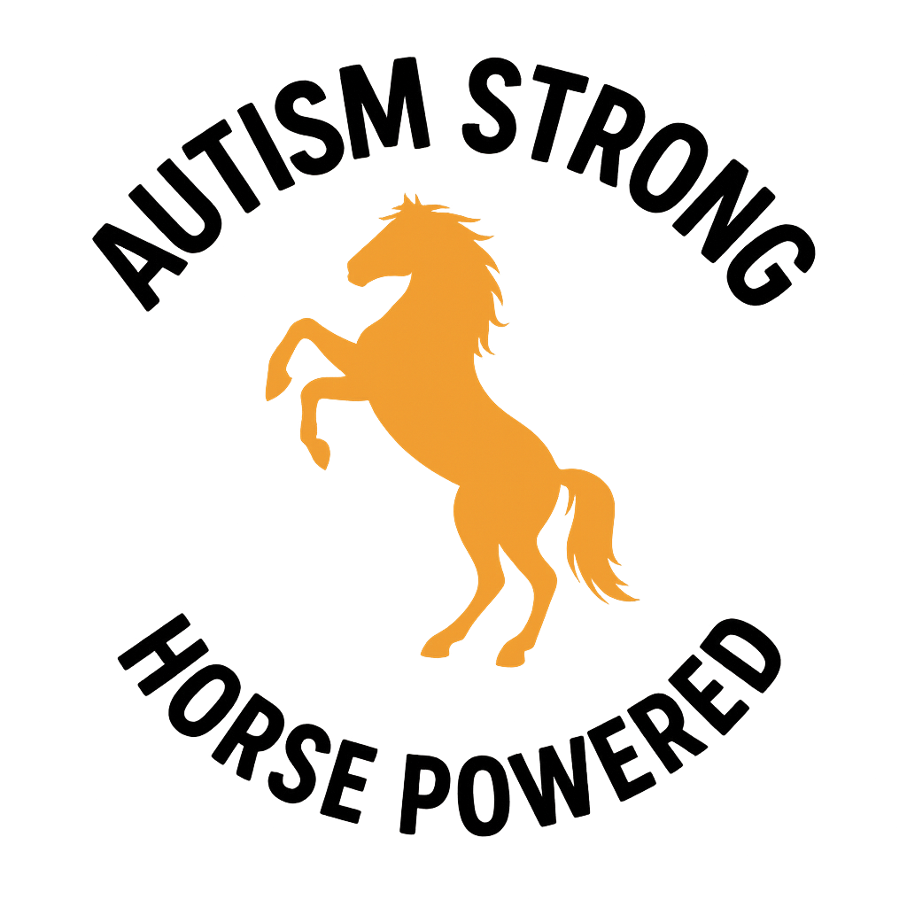 A glowing yellow silhouette of a rearing horse with the words 'Autism Strong' above and 'Horse Powered' below in black text.