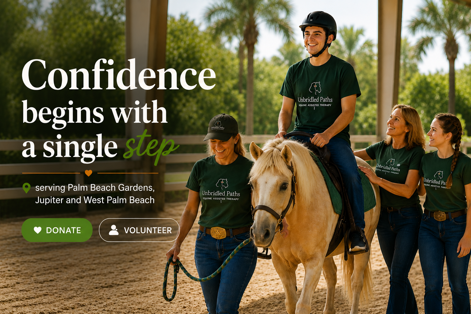 A group of people at an equine therapy center, with a man riding a horse, accompanied by three women, all wearing green shirts with the words 'Unbridled Paths' and a horse logo. The setting is outdoors at an equine therapy arena with trees in the bac