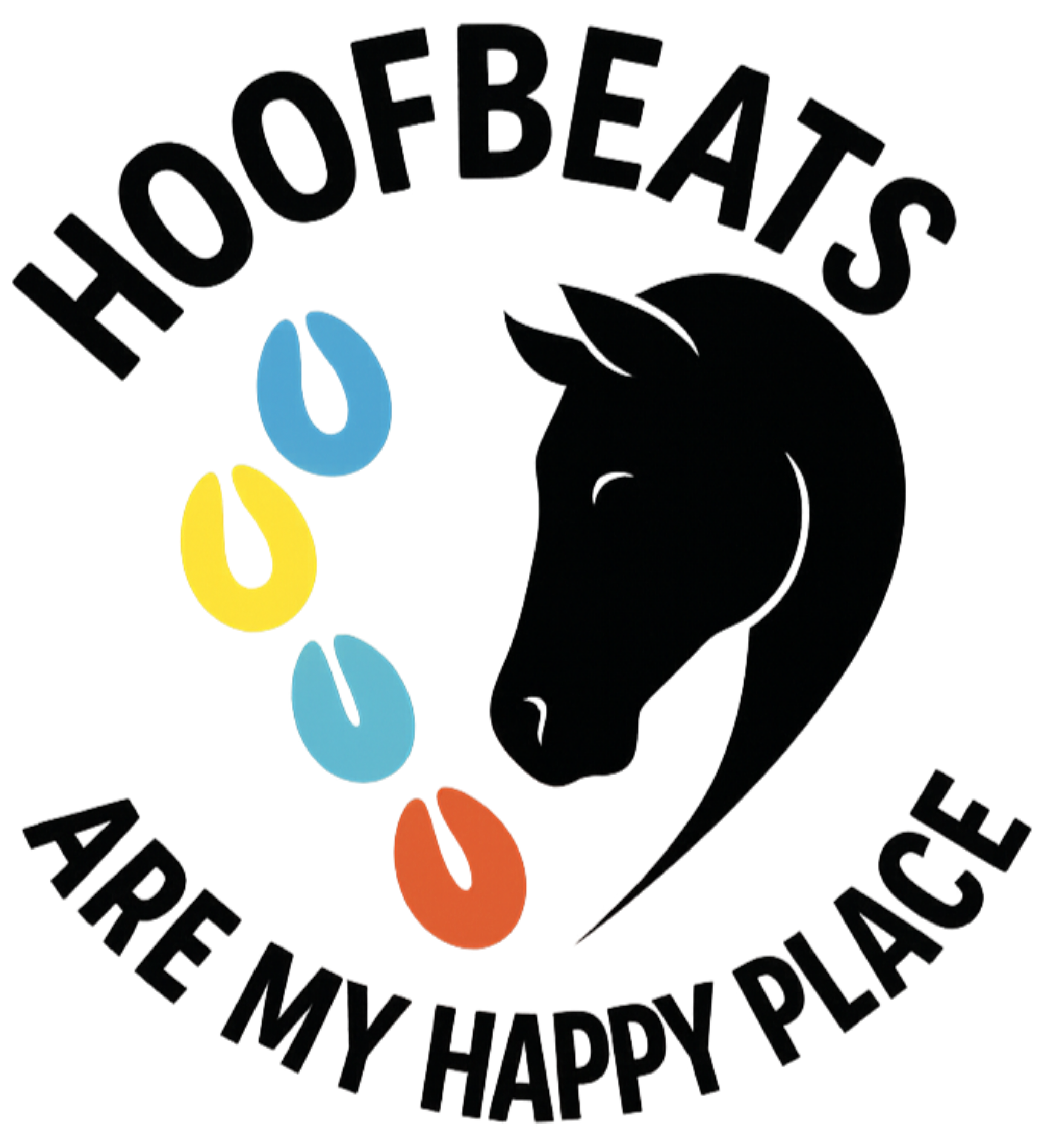 A logo with a black horse head silhouette accompanied by colorful teardrop shapes in blue, yellow, red, and orange. The logo contains the words "HOOFBATS" at the top and "ARE MY HAPPY PLACE" at the bottom.