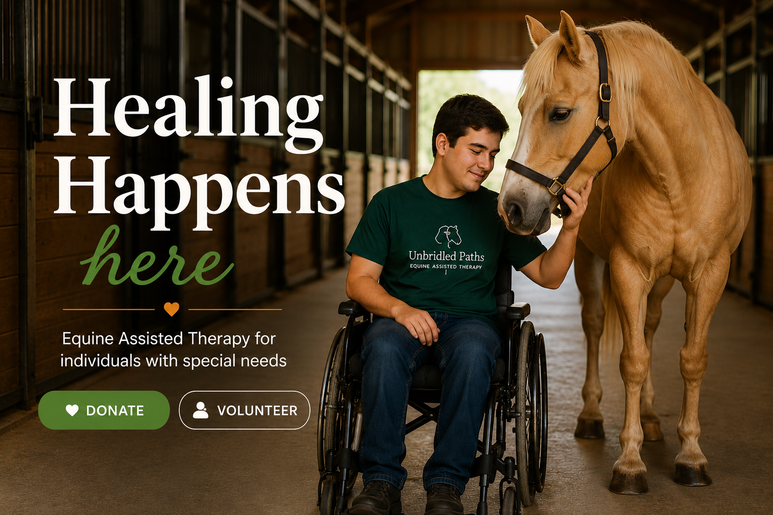 A man in a wheelchair gently touching the head of a large light brown horse in a stable. The man is wearing a green t-shirt with an equine therapy logo, and the scene promotes equine assisted therapy for individuals with special needs.