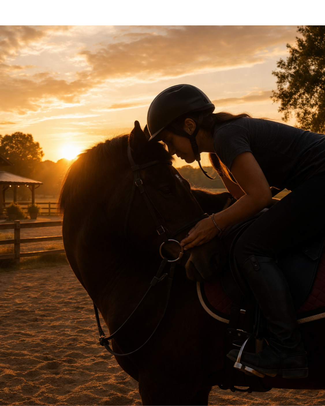 A woman and a horse touching foreheads during sunset at an outdoor riding arena.