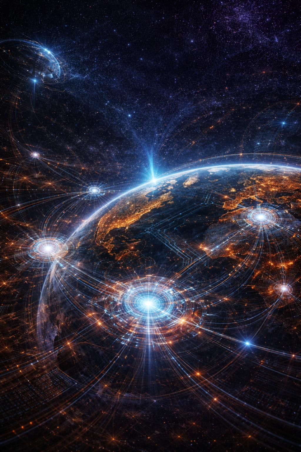 A digital illustration of Earth from space with glowing interconnected nodes and lines, representing a global digital network or connectivity in outer space.