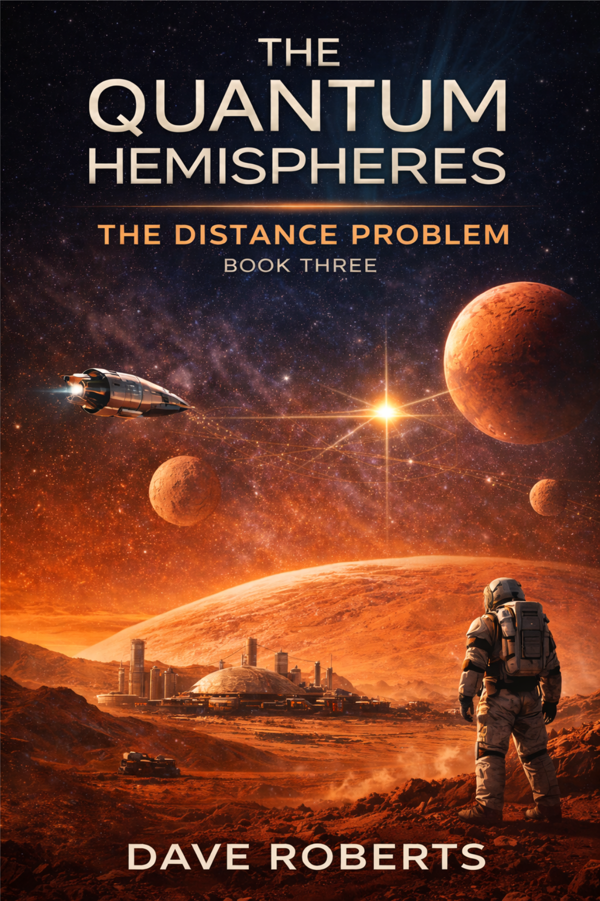 Book cover for 'The Quantum Hemispheres: The Distance Problem, Book Three' by Dave Roberts featuring an astronaut on a red terrain with planets, stars, and a spacecraft in a space scene.