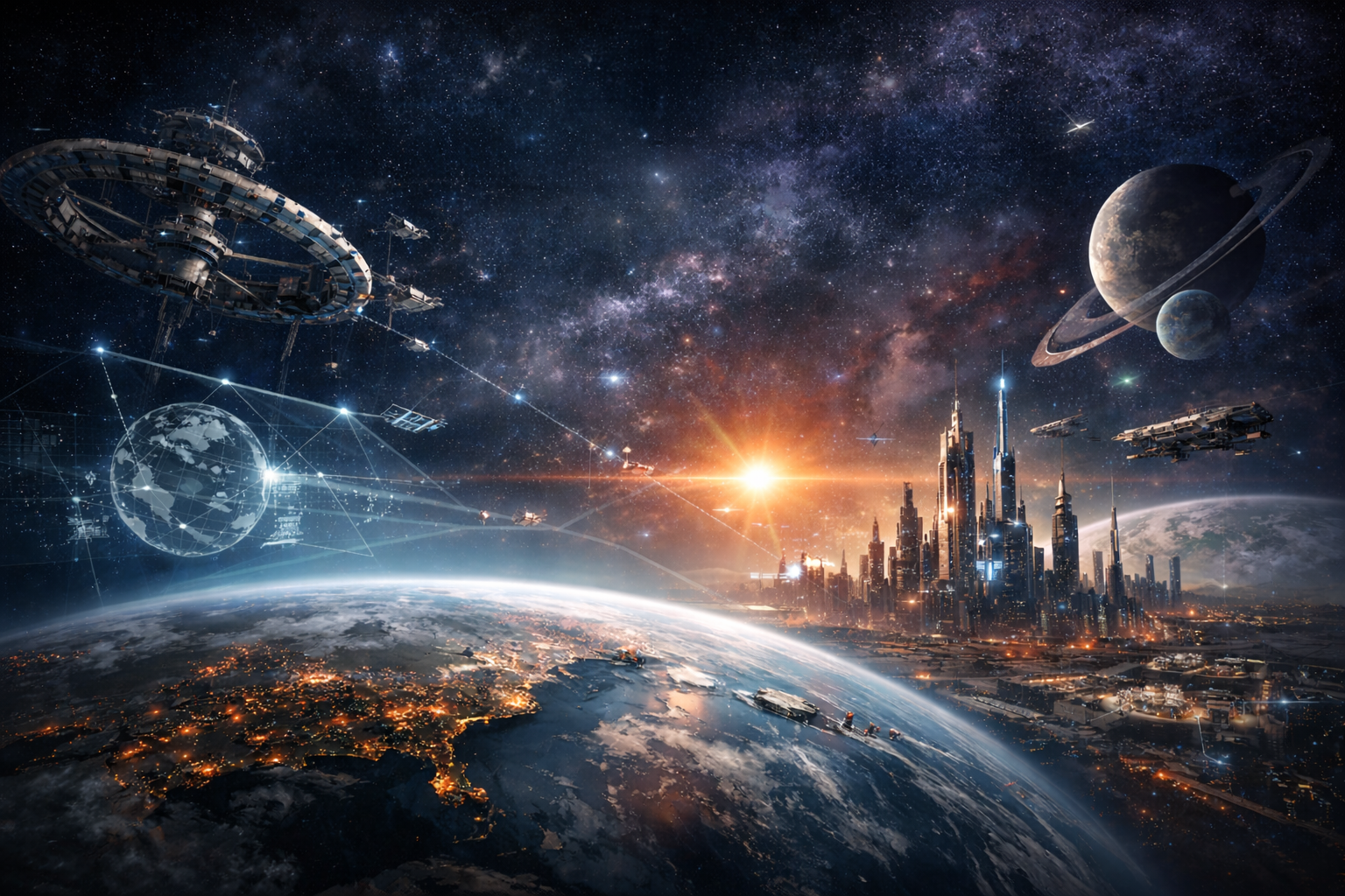 A futuristic space scene showing Earth from space, with a city skyline, planets with rings, and various spacecraft against a starry background.