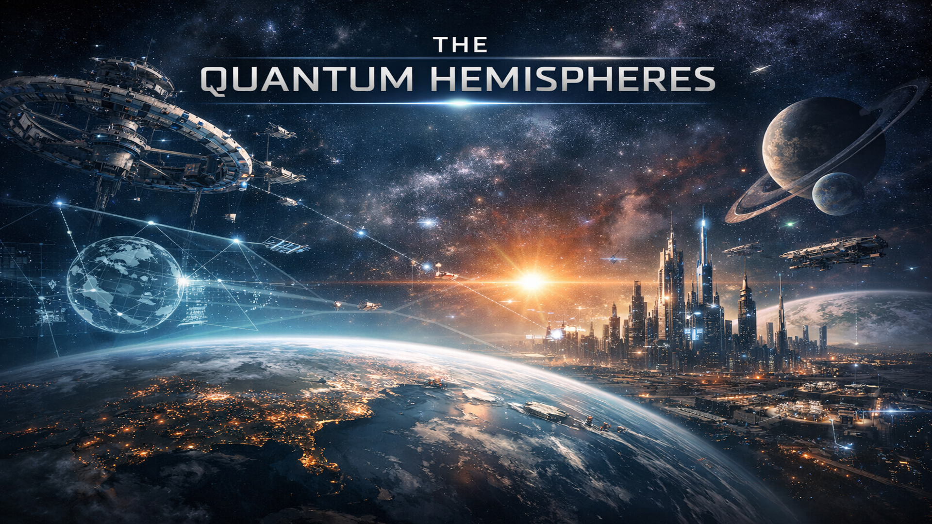 A space scene depicting Earth from space, spacecraft, a city skyline with futuristic buildings, multiple planets, and stars, with the text 'The Quantum Hemispheres' at the top.