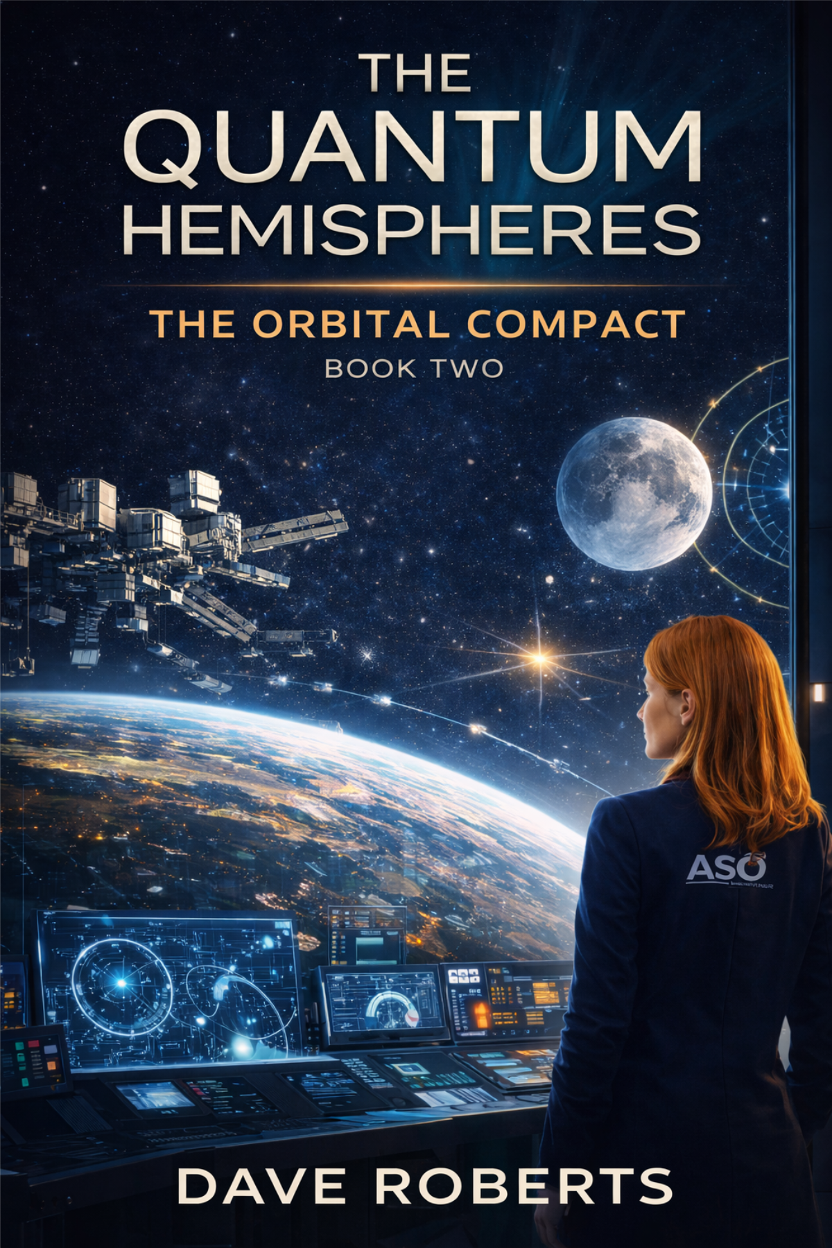 Book cover titled 'The Quantum Hemispheres: The Orbital Compact, Book Two' by Dave Roberts. The cover features a woman looking at space scenes including Earth from space, the Moon, stars, and a space station or spacecraft, with a futuristic control panel in the foreground.
