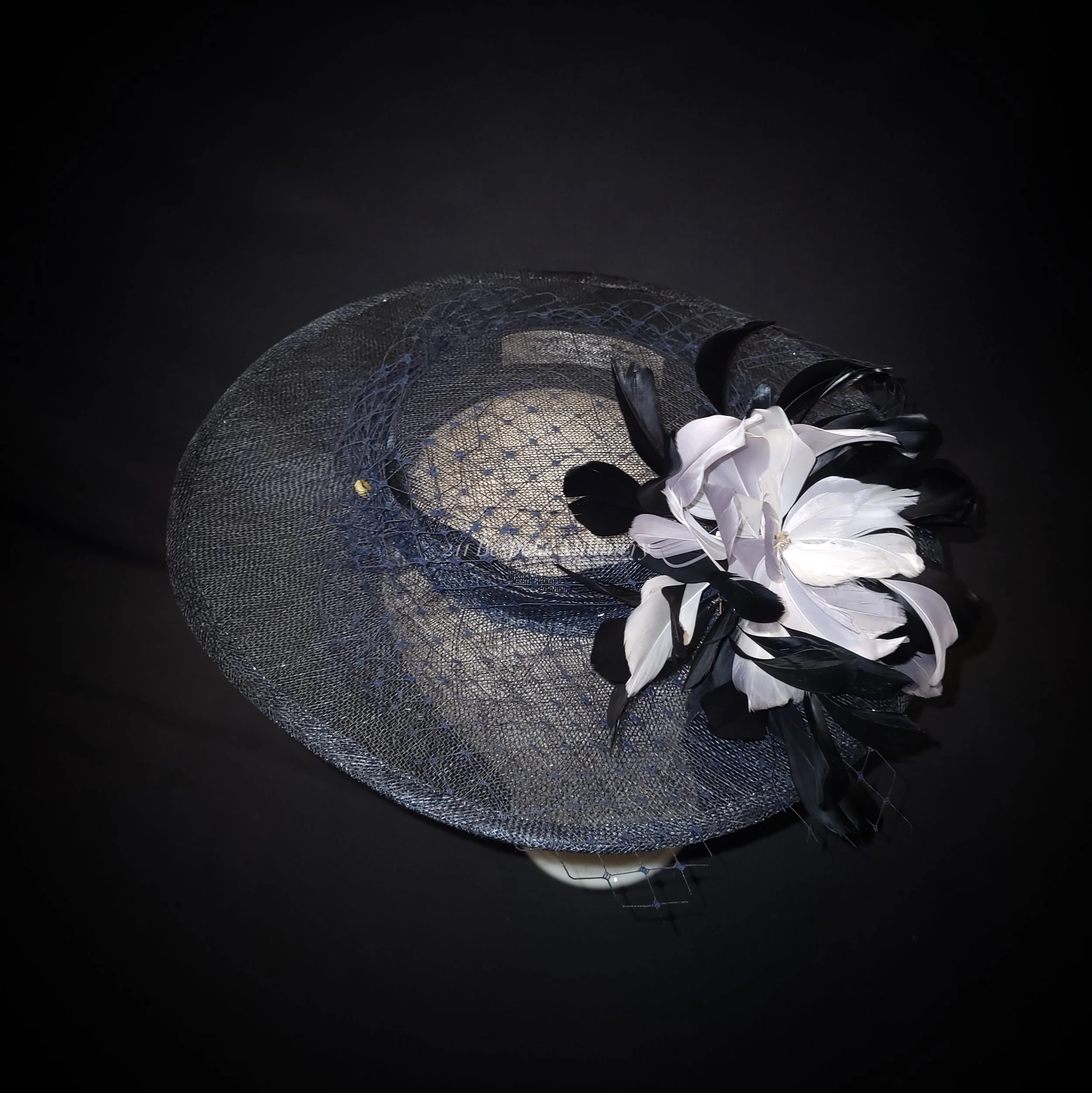 Slate Boater with Sculpted Feather Flower and Veiling Detail