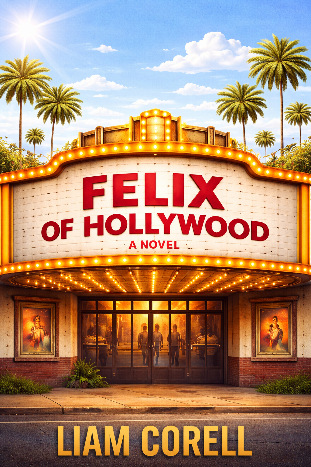 Book cover for 'Felix of Hollywood,' a novel by Liam Corell, featuring a movie theater marquee with bright lights, palm trees in the background, and a bright sky.