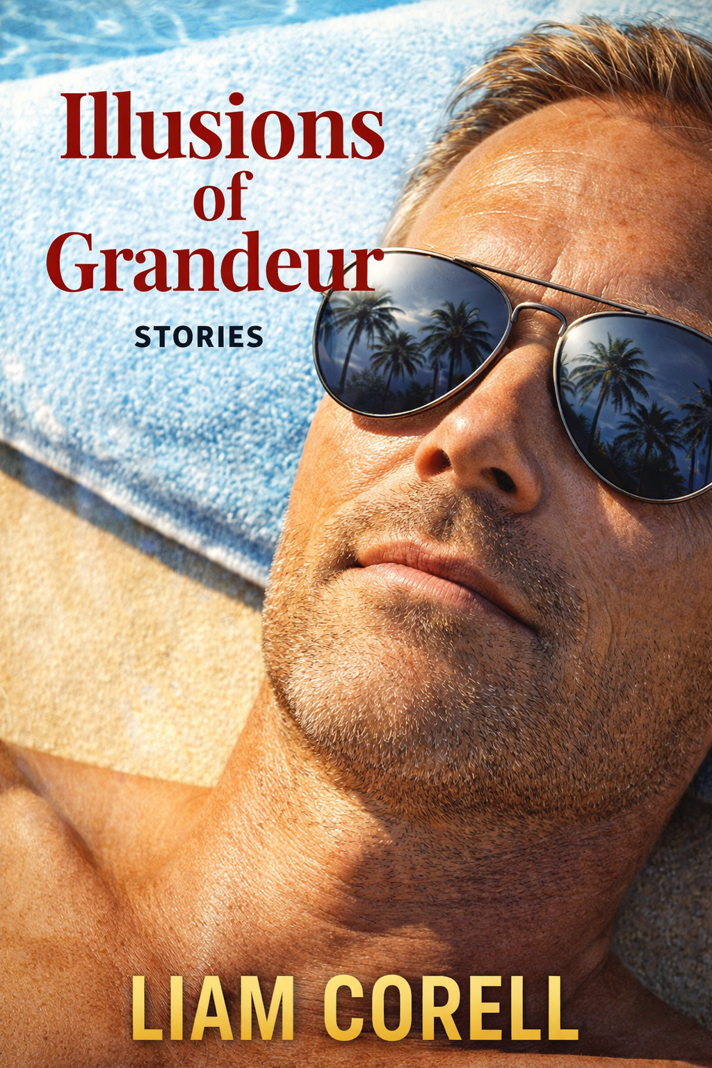 Book cover for "Illusions of Grandeur," a story collection by Liam Corell, featuring a man lying by a pool with sunglasses reflecting palm trees.