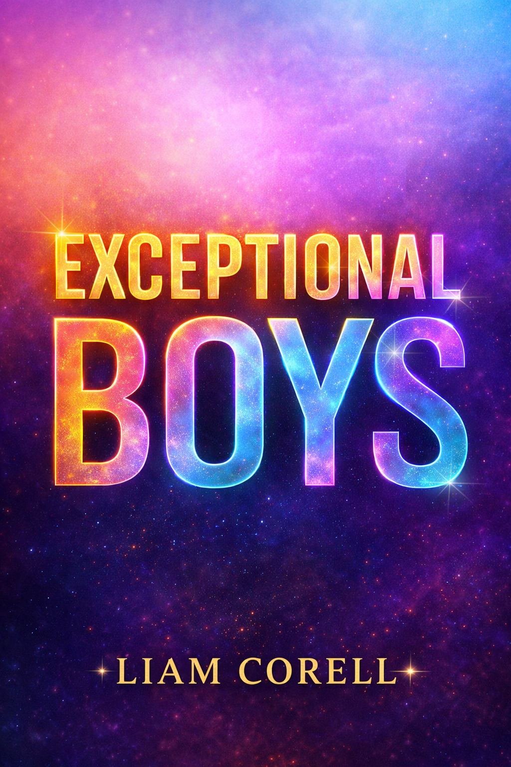Poster for "Exceptional Boys," a half-hour TV comedy by Liam Corell, featuring a colorful cosmic background with glowing, neon-like text.