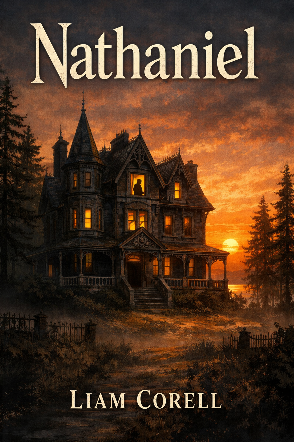 Poster for "Nathaniel," a screenplay by Liam Corell, featuring a spooky Victorian-style house at sunset with glowing windows and a silhouette of a person in one window, surrounded by pine trees.