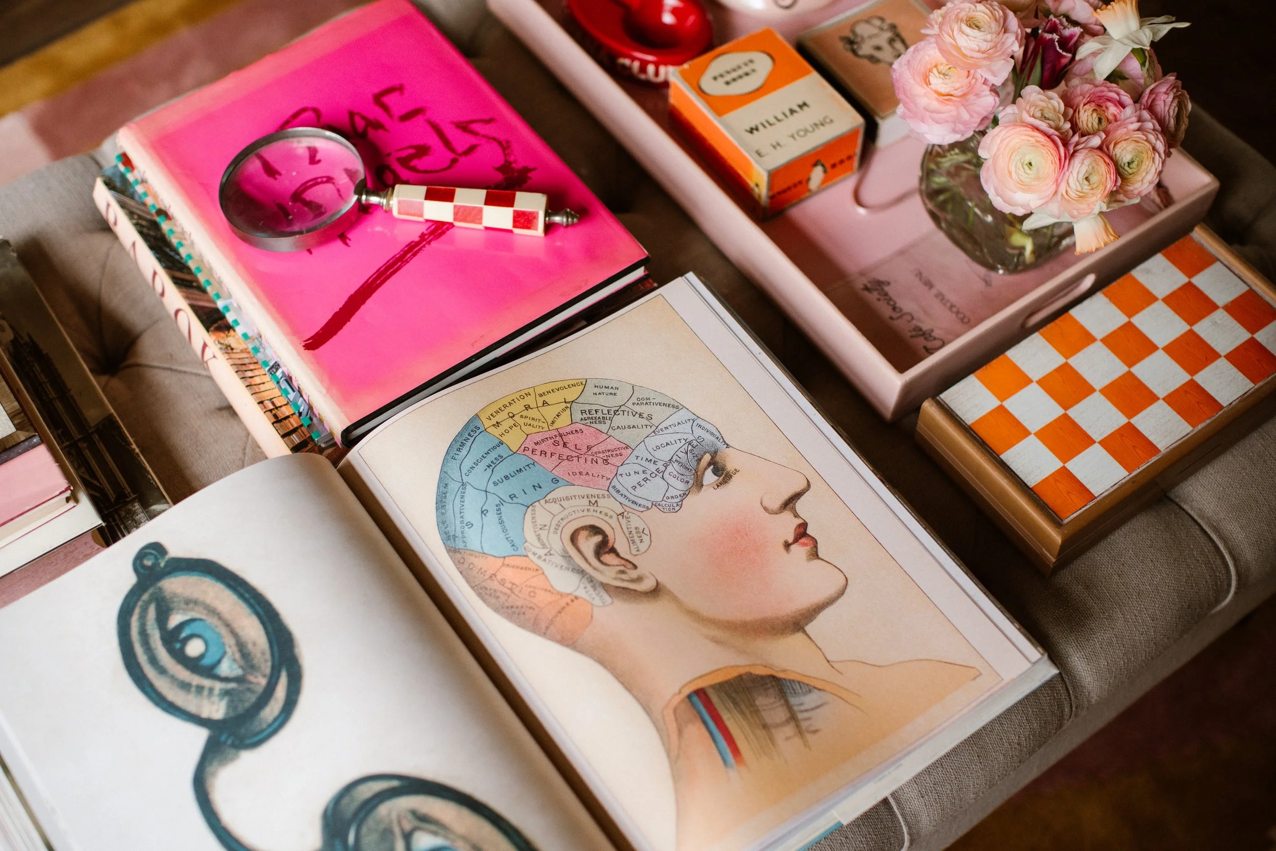 Open book showing a detailed diagram of the human brain with sections labeled, alongside another open book with an eye illustration. A pink book has a magnifying glass and a checkerboard-patterned object on top, surrounded by small boxes, a vase of pink and white flowers, and other books on a table.