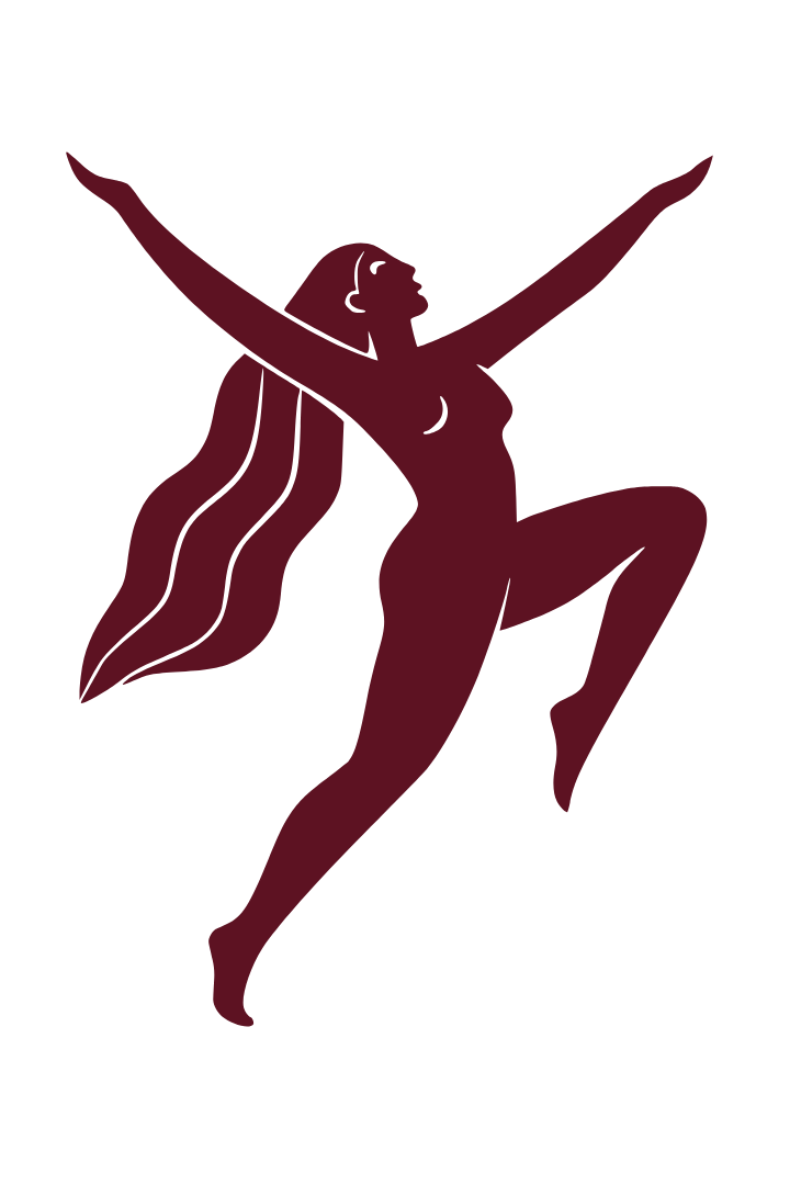 Illustration of a woman with long hair, posed with arms raised and one knee bent, against a black background.