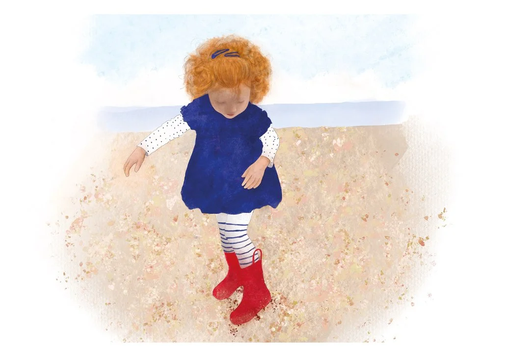 Illustration of a young girl with curly red hair wearing a blue dress, striped leggings, and red rain boots standing on a beach.