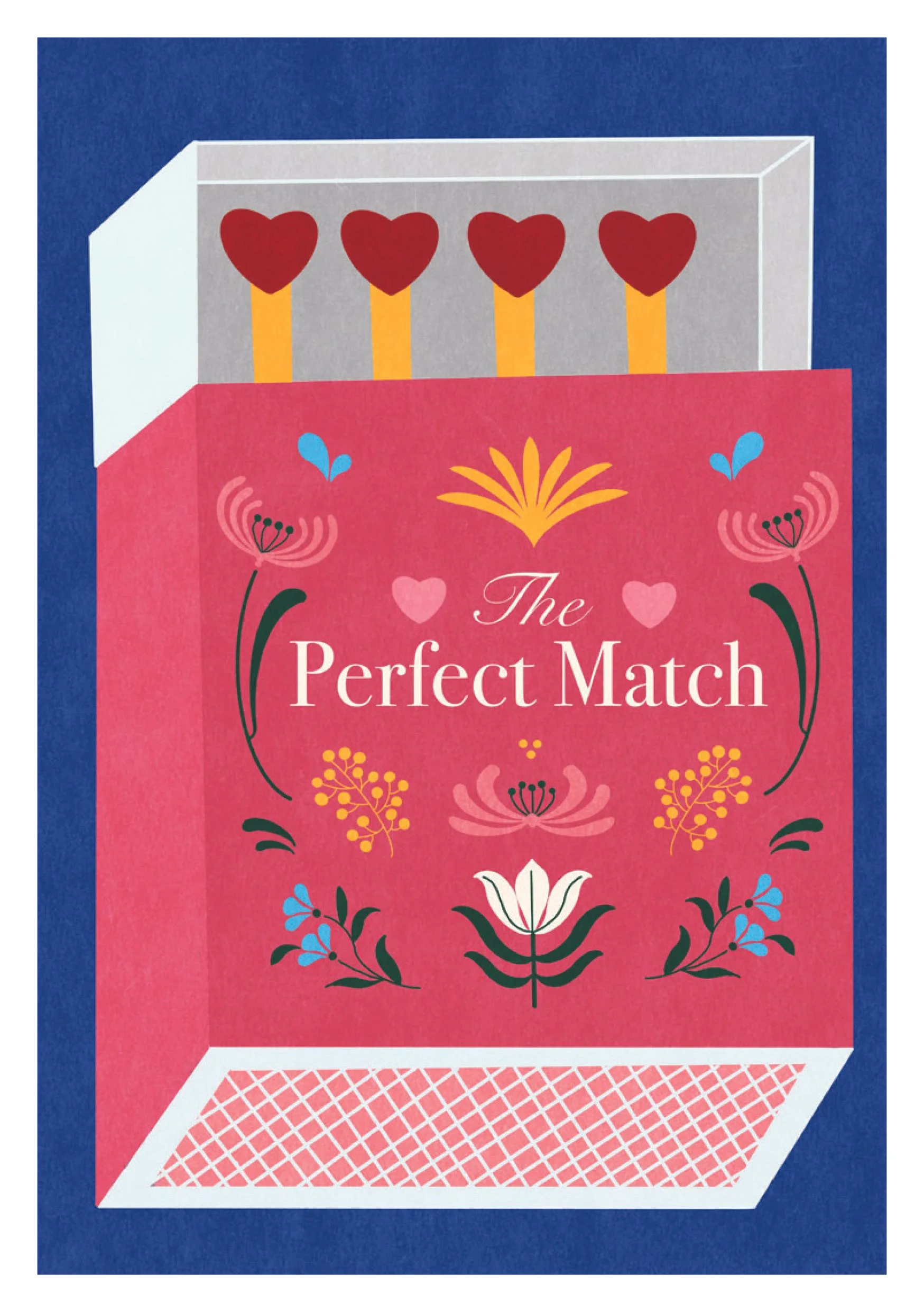 Illustration of a pink matchbox with four heart-shaped matches, decorated with floral patterns, and the title 'The Perfect Match' on the front.