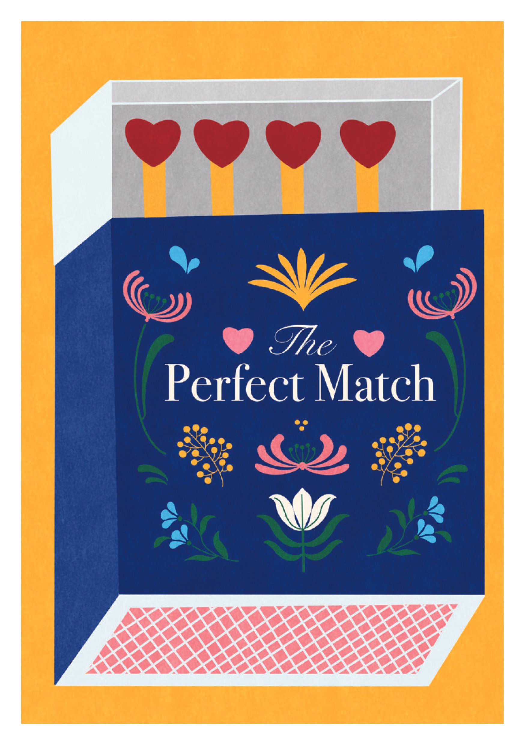 Illustration of a navy matchbox with four heart-shaped matches, decorated with floral patterns, and the title 'The Perfect Match' on the front.