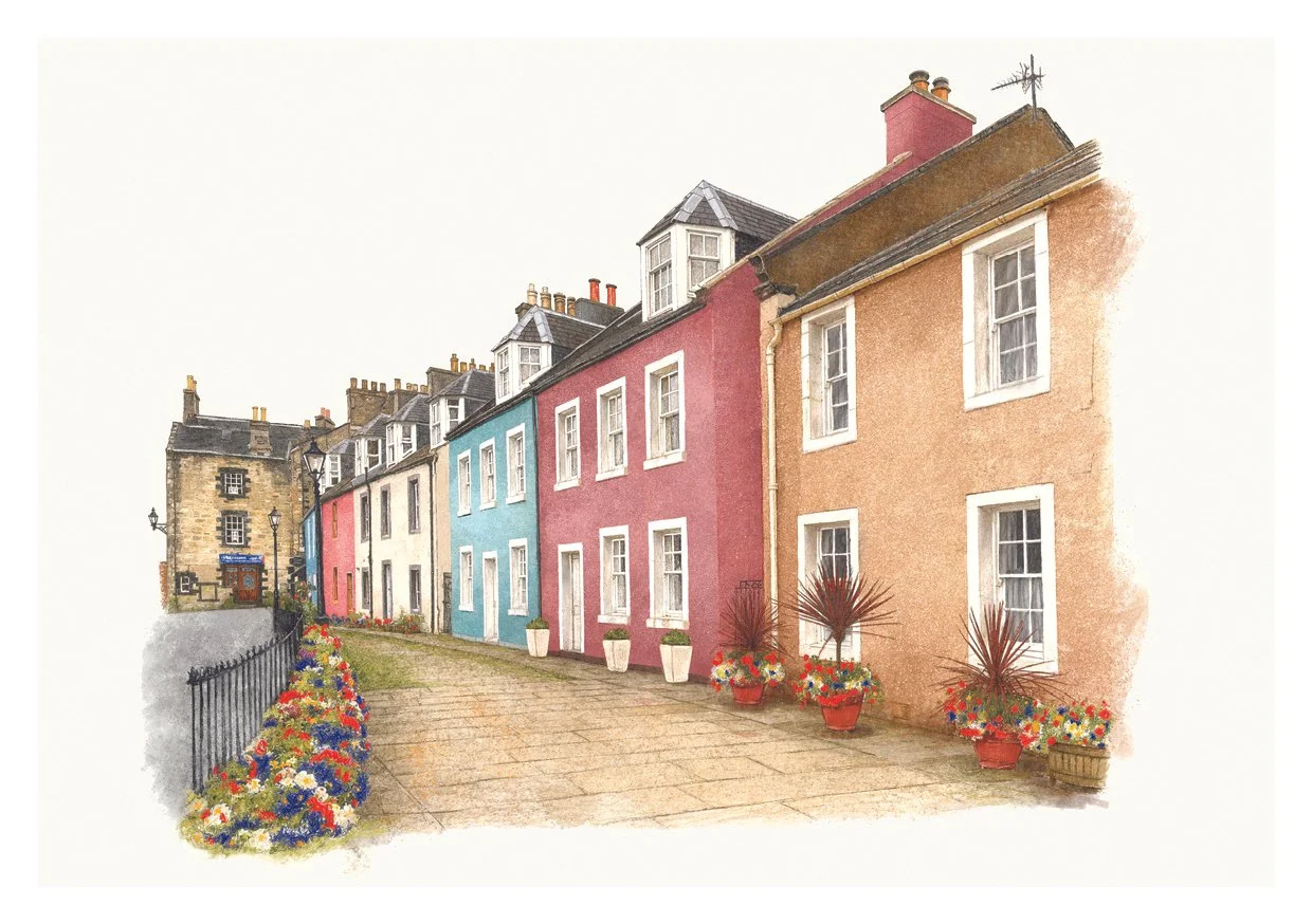 Pencil and watercolour illustration of colourful houses in South Queensferry, Edinburgh