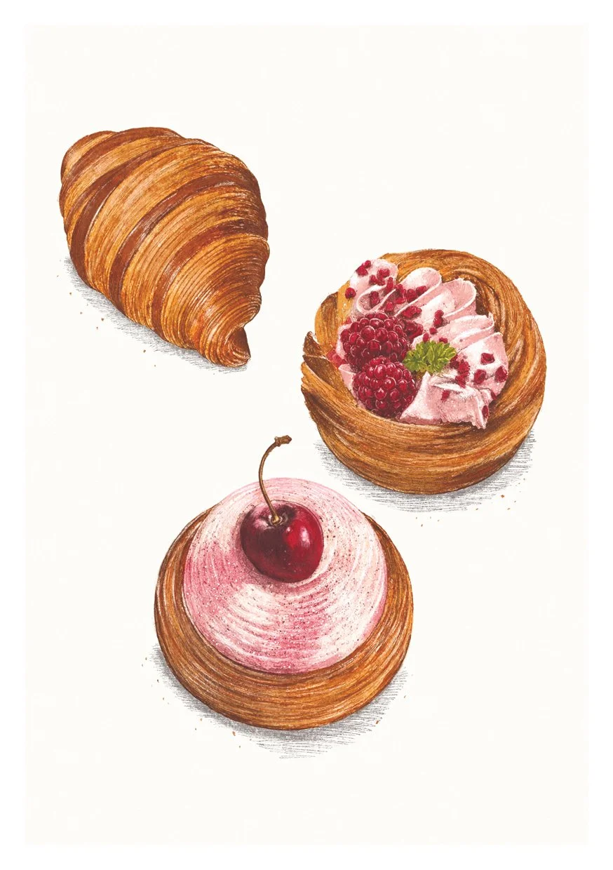 Pencil and watercolour illustration of 3 pastries from Dune Bakery in South Queensferry, Edinburgh