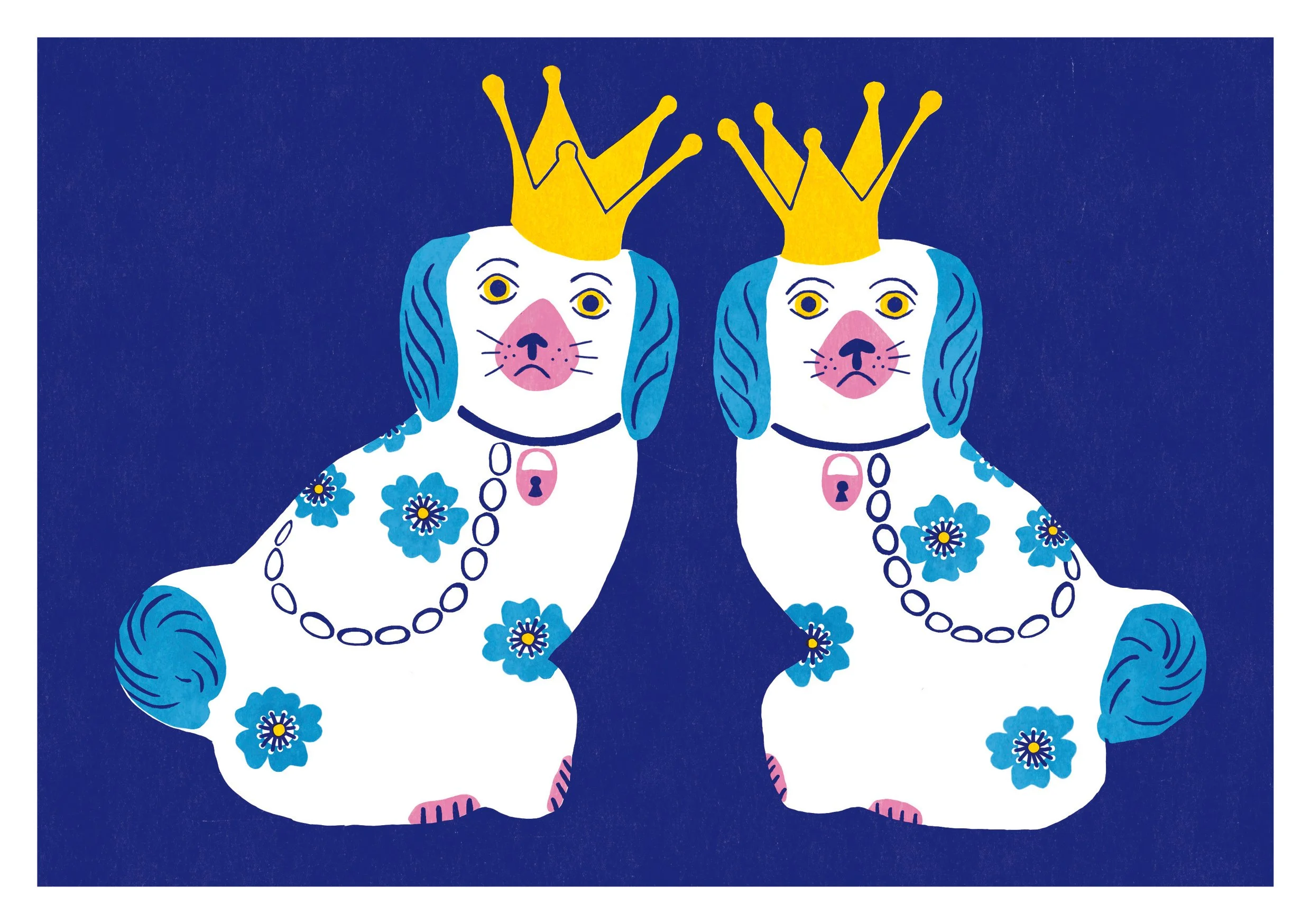 Two illustrated Wally Dugs (King Charles spaniel dogs)  with light blue and white fur, wearing yellow crowns and leads with lock charms, sitting against a navy blue background.