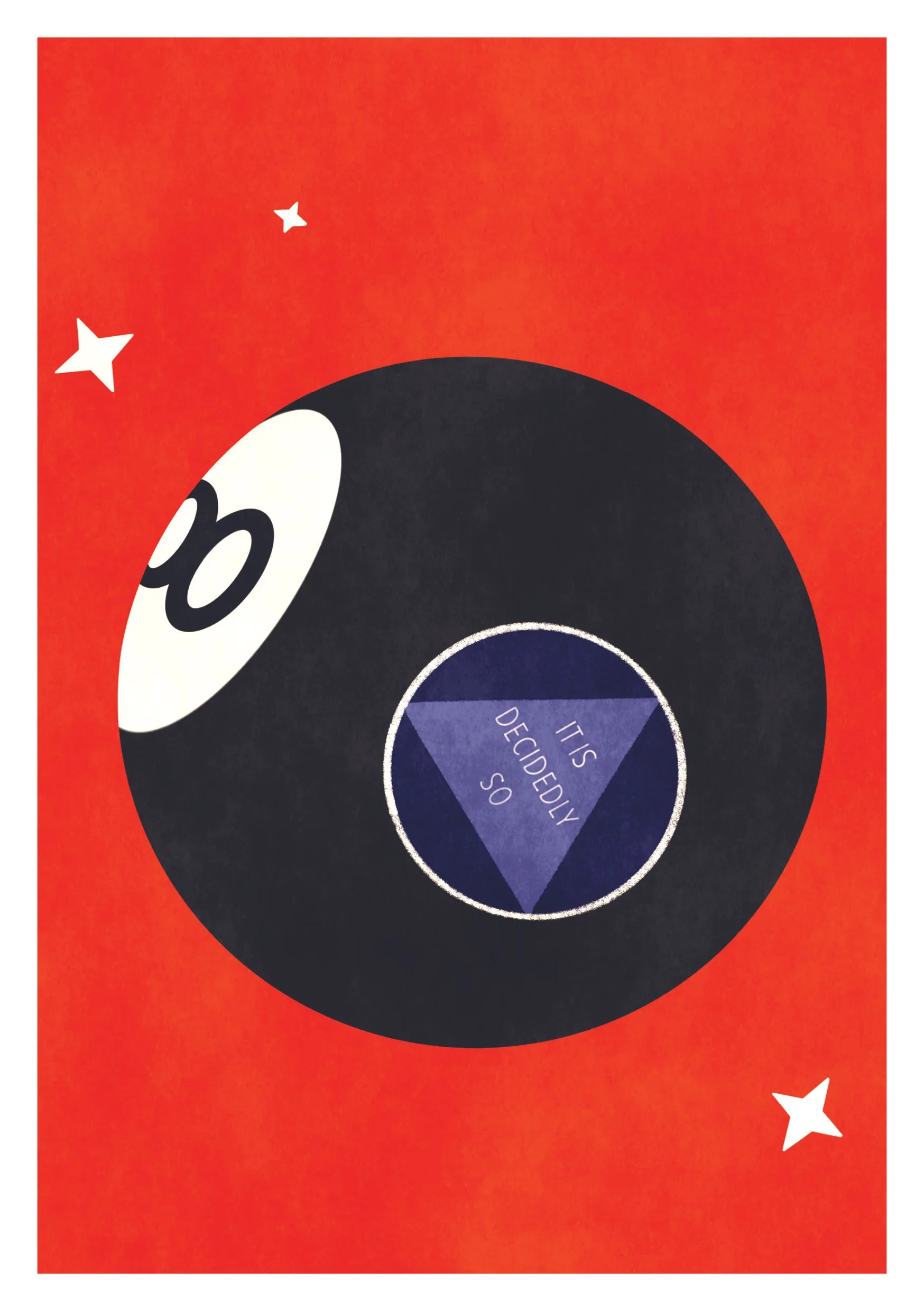 Illustration of a Magic 8 ball which reads 'It is decidedly so', set against a red background with white star decorations.